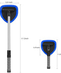 Front and side views of desin windshield cleaning tool with extendable aluminum handle and blue microfiber pad.