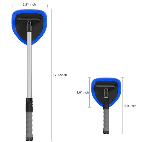 Front and side views of desin windshield cleaning tool with extendable aluminum handle and blue microfiber pad.