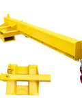 Tough As Nails Two Ton Forklift Jib Crane Featuring Telescopic Boom And Dual Direction Lifting For Workshop Use Flexible Mobile Hoist, bright yellow steel jib with hook.