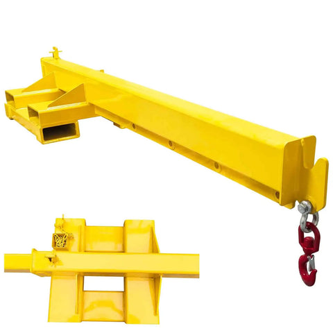 Tough As Nails Two Ton Forklift Jib Crane Featuring Telescopic Boom And Dual Direction Lifting For Workshop Use Flexible Mobile Hoist, bright yellow steel jib with hook.
