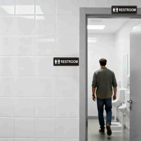Two Pack Unisex Bathroom Signs For Doors Or Walls, Heavy Duty Metal Signs With Super Strong Adhesive, Easy Install For Home, Office Or Business Use, Black 9 Inch By 3 Inch displayed on bathroom door and wall with a person entering