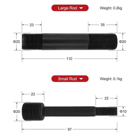 Dimensions of rods from Pro-Grade 10 Ton Hydraulic Hole Punch Cutter Kit For Electric Conduit And Sheet Metal, with weights indicated.