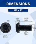 Dimensions of Hella Durable M6 12mm Button Head Torx Machine Screws With T30 Bit Black Coated 304 Stainless Steel