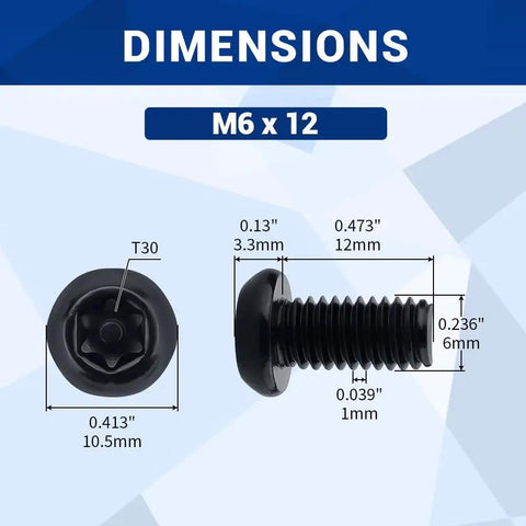 Dimensions of Hella Durable M6 12mm Button Head Torx Machine Screws With T30 Bit Black Coated 304 Stainless Steel