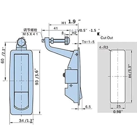 Compression latch lock, 2-pack zinc alloy with adjustable silver lever; front and side views