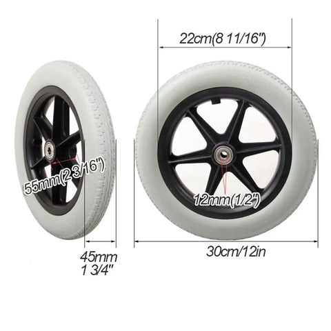 Heavy Duty Flat Free 12 Inch Wheelchair Caster Wheels Pair Solid Polyurethane Tires That Roll Like A Dream With Smooth 12mm Bearing Non Pneumatic Replacement Parts For Daily Rides