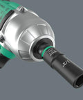 Close-up of power drill with attached 1/2 inch socket from Magnetic Rail Socket Set With Impaktor Deep Imperial Sockets Three Eighth Inch Drive Nine Piece Imperial Socket Set For Pros In Auto Shops Heavy Duty Twist Unlock Rail For Easy Wall Or Trolley Mount And Quick Access.