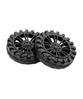 Two black plastic wheels from Dope Plastic Toy Car Wheel Set With 2mm Dia Shafts 40 Pack 30mm Wheels And 100mm Rod Axles