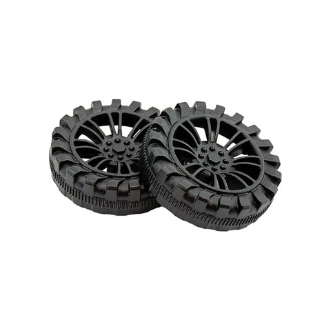 Two black plastic wheels from Dope Plastic Toy Car Wheel Set With 2mm Dia Shafts 40 Pack 30mm Wheels And 100mm Rod Axles