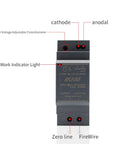 Front view of Ultra Slim 30W DIN Rail Power Supply With 100-240VAC Input And 5V 12V 24V Or 48V Outputs, labeled components visible.