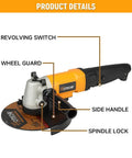 7-Inch Air Angle Grinder Heavy-Duty Pneumatic Workhorse With High-Torque Motor Hits 7500 RPM Free Speed showing switch, guard, handle.