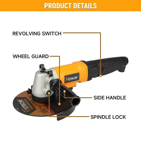 7-Inch Air Angle Grinder Heavy-Duty Pneumatic Workhorse With High-Torque Motor Hits 7500 RPM Free Speed showing switch, guard, handle.