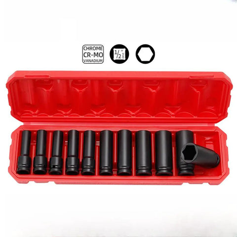 Top Rated 1/2 Inch Drive Socket Set For Impact Wrenches With 11 Piece Metric Hex Kit Made From Heavy Duty Chrome Vanadium Steel Perfect For Tough Jobs And Deep Guts Garage Work, 11-piece metric hex socket set in red case