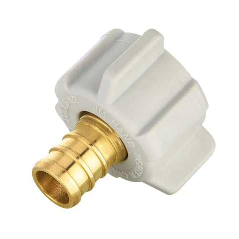 10 Piece PEX Swivel Adapter Fittings Half Inch PEX To Half Inch Female NPT Brass Crimp Lead Free For PEX Tubing Systems Great For DIY Home Plumbing Works With Stainless Steel Clamp And Copper Crimp Rings ASTM F1807 NSF Certified brass swivel fitting close-up