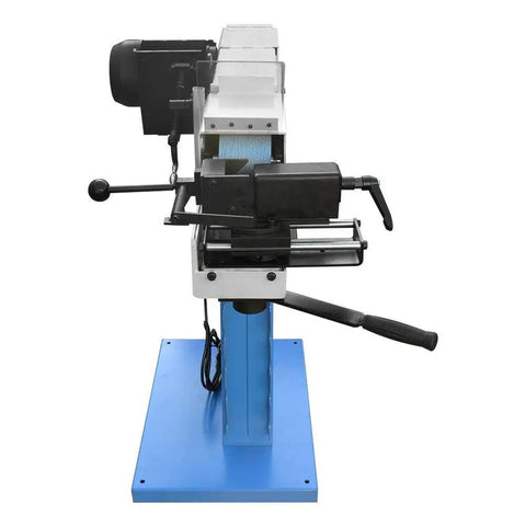 Side view of Pro Grade Heavy Duty Industrial Tube And Profile End Belt Grinder 4 X 78 Inch High Speed Metalworking Sander.