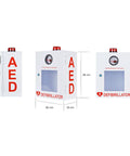 AED defibrillator cabinet front view, white box with window, red AED lettering, and top alarm beacon.