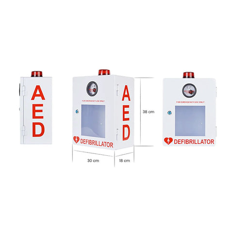 AED defibrillator cabinet front view, white box with window, red AED lettering, and top alarm beacon.