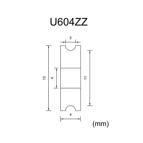 10 Pack MK8 U Shaped Extruder Bearing Set 4x13x4mm U604ZZ 604UU For 3D Printers Pro Grade Guide Rail Bearings shown in dimension diagram