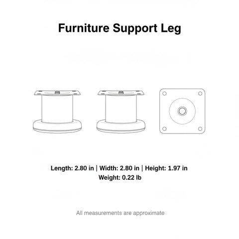 Diagram of Beefy Bulletproof Black Metal Replacement Leg for Sofas, Cabinets, and Bed Frames, showing dimensions and weight.