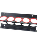 Heavy Duty Iron Wall Mount Spray Bottle Rack For Garage And Shed Storage Holds All Your Bottles Rock Solid And Totally Clutter Free For That Top Shelf Shop Vibe featuring a six-slot design with red circles.