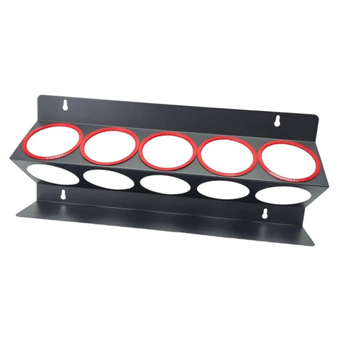 Heavy Duty Iron Wall Mount Spray Bottle Rack For Garage And Shed Storage Holds All Your Bottles Rock Solid And Totally Clutter Free For That Top Shelf Shop Vibe featuring a six-slot design with red circles.