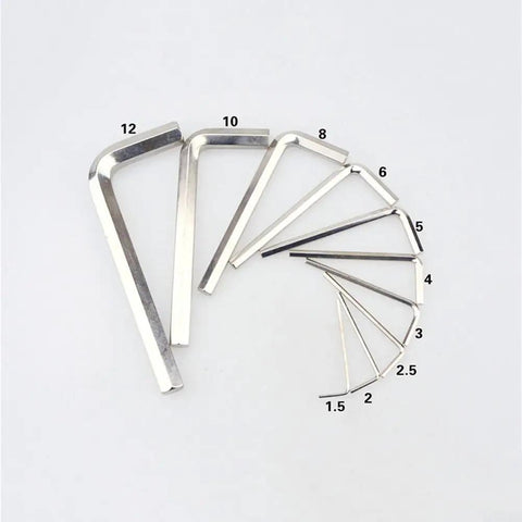 Super Cool 10 Pack L Shape Hex Wrench Set With Steel Hexagon Keys In Sizes Ranging From 1.5mm Up To 6mm For Quick Home Repair And Furniture Assembly Jobs Where Portability Is King. L-shaped steel hex keys, 1.5mm to 12mm, arranged on white background.