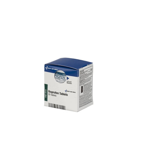 Front view of First Aid Only ibuprofen tablets box, blue lid and white body, 20 tablets