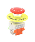 Red Mushroom Cap Isolation Switch 1NO 1NC Push Button Stop Switch 660V 10A shown with emergency label and latching feature