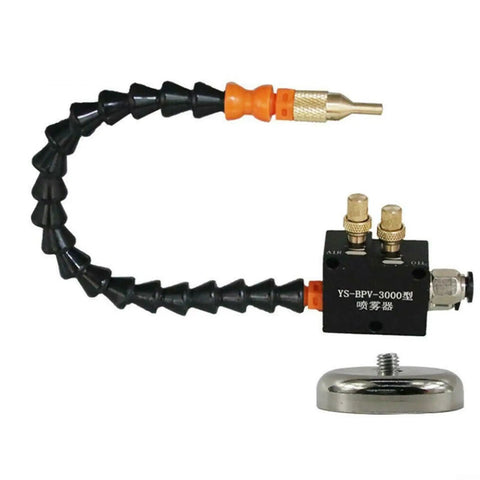 Robust Machine Tool Cooling Sprayer With Adjustable Flow Dial And Pressure Regulator For Precision Oil Mist Lubrication And Straight Shooting Coolant Delivery That Knocks Out Shop Floor Grinds Quick, featuring flexible arm and connector.