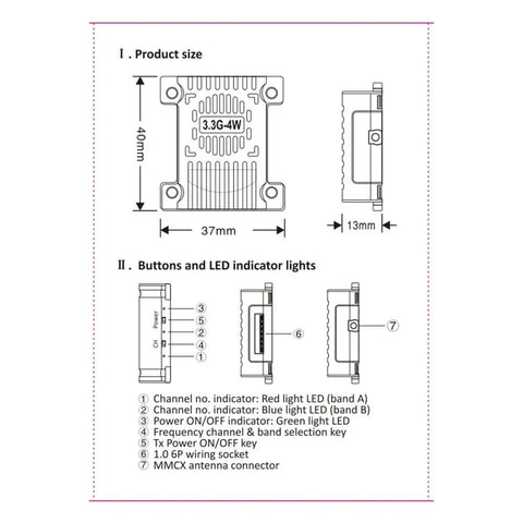 Diagram showing 3.3G 4W VTX Image Transmission Transmitter for FPV RC Long Range Racing Drones with dimensions and LED indicators