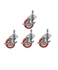 Four Piece Set Furniture Casters With Screw Brake Swivel Wheel M8 Thread Red PVC 38mm Diameter Silent Rolling Castors