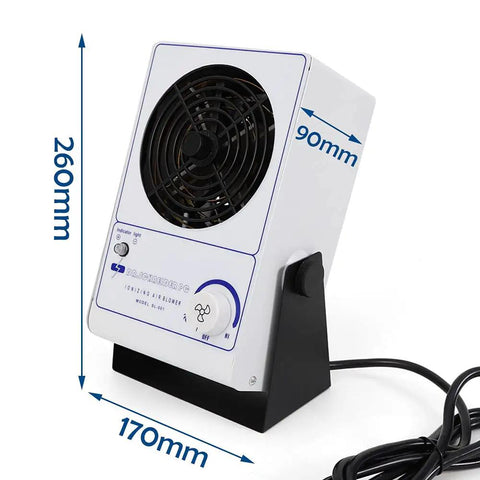 Ionizing Air Blower Fan 110V With Stepless Speed Control, Anti Static Eliminator, Ionizer For ESD Protection, Quiet 49 To 59 dB, Adjustable 45 To 110 CFM, Compact 6.7 X 3.5 X 10, No Nonsense Pro Grade Electronics Desk Companion, 260x170x90mm
