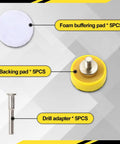 Image displaying Five Pack One Inch Hook And Loop Sanding Disc Backing Pad Kit With One Inch Shank Drill Attachment, including foam buffers, backing pads, and drill adapters.