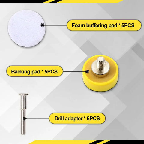 Image displaying Five Pack One Inch Hook And Loop Sanding Disc Backing Pad Kit With One Inch Shank Drill Attachment, including foam buffers, backing pads, and drill adapters.
