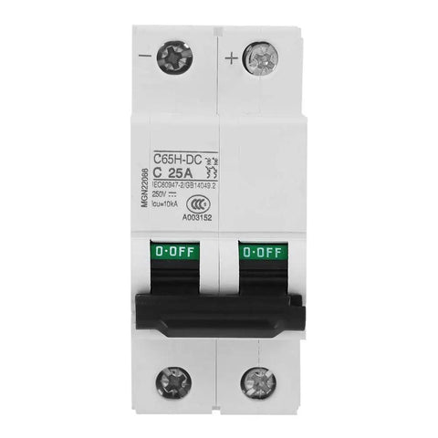 Front view of 2P Low Voltage DC Miniature Circuit Breaker For Solar Panel Grid Systems 25A, showing two-pole design
