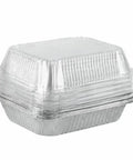 Stack of heavy duty 9x13 aluminum baking pans with clear lids, perfect for lasagna. Product: Heavy Duty 9x13 Aluminum Baking Pan With Lids 10 Pack