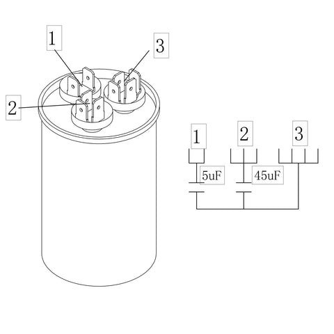 Diagram of 45 Plus 5 MFD Dual Run Capacitor For Air Conditioner And Heat Pump, 370 440 VAC, CBB65 Round Design, wiring layout.