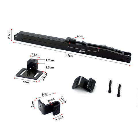 Two Pack Barn Door Soft Close Damper Kit Hole Free Mounting No Drill Quiet Closing Adjustable One Way Damping Buffer Hidden Behind Rail For Quiet Soft Closing SHOUCAN components shown with measurements.