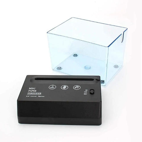 No Hassle Mini Paper Shredder With Built In Letter Opener USB And Battery Powered Quiet Strip Cutter For A6 And Folded A4 Documents, compact design.