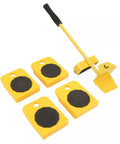 Heavy Duty Furniture Lifter And Mover Tool Set With 4 Roller Sliders for moving appliances, yellow color and sturdy design.