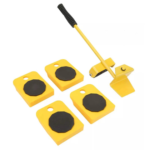 Heavy Duty Furniture Lifter And Mover Tool Set With 4 Roller Sliders for moving appliances, yellow color and sturdy design.