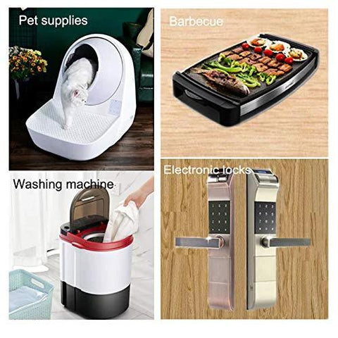 Collage of home improvement items: pet litter box, barbecue grill, washing machine, and electronic door locks.