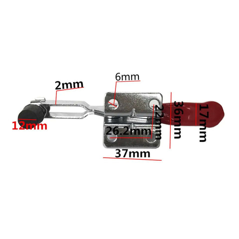 Beefy Heavy Duty Horizontal Toggle Clamp With Quick Release, dimensions labeled, red handle, steel construction, woodworking use