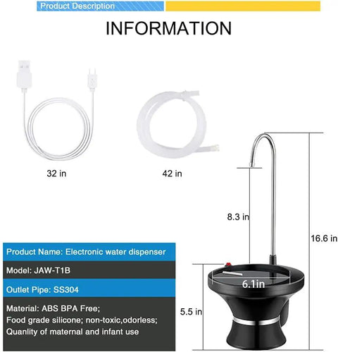 Automatic Electric Drinking Water Dispenser Pump For 2 To 5 Gallon Jugs USB Rechargeable with 2 Switch Controls and Silicone Hose