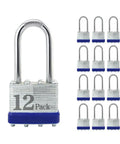 Built Tough Keyed Alike Laminated Steel Padlocks, 1-9/16 Inch Wide Body, Long Shackle, Blue Plastic Hoop, Pack Of 12 For Lockers.