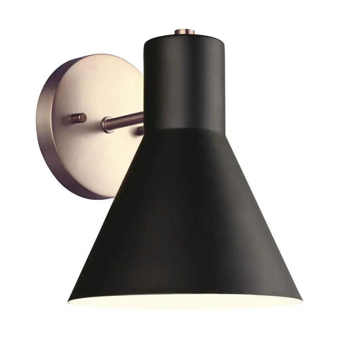 Towner One Wall Sconce Vanity Light in Satin Brass with black shade, modern bath fixture for hallways or powder rooms.