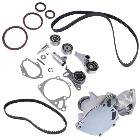 Premium Water Pump And Timing Belt Kit Compatible With L200 Shogun Pajero 2.5 DI-D Diesel Engine 1300A045 Includes Vital Parts For Total Overhaul Swap Keep Your Rig Running Smooth With Top Tier Gear And Solid Workmanship Always Done Right. timing belt kit with water pump, pulleys, seals, and gaskets on white background