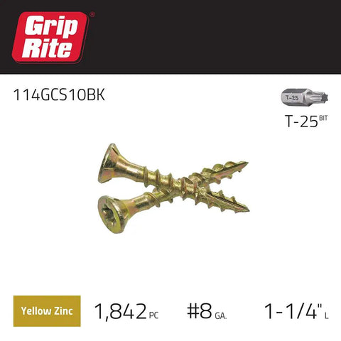 Number 8 By One And One Quarter Inch Type 17 Coarse Thread Yellow Zinc Plated T 25 Star Drive Beefy Heavy Duty Bulk Construction Screws