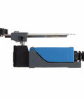 Side view of Me-8108 Momentary Limit Switch with roller lever, blue color option, 12V for CNC mills, laser and plasma machines.