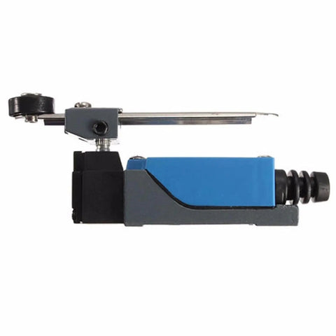 Side view of Me-8108 Momentary Limit Switch with roller lever, blue color option, 12V for CNC mills, laser and plasma machines.